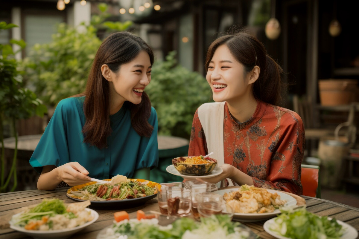 friends having and sharing a healthy meal