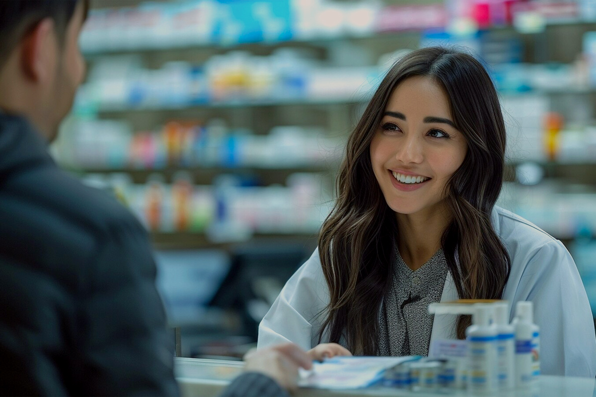 Pharmacist smiling, ready to assist, inside a pharmacy